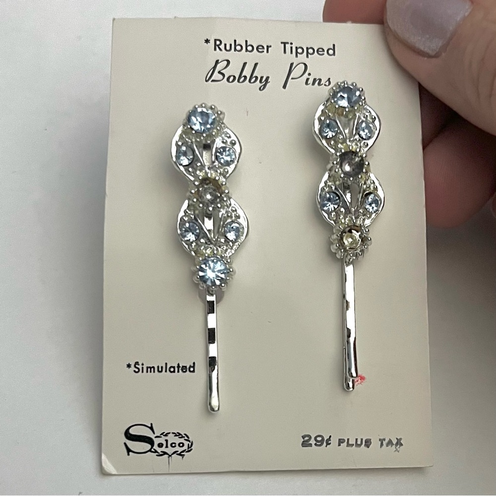 NWT Vintage 1960s Silver Tone Bobby Pins with Blue Rhinestones